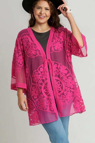 Floral Lace Open Front Kimono Sleevee Cover Up with Waist Tie