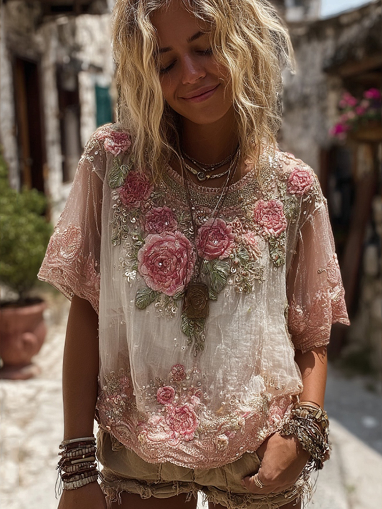 Women's Vintage Pink Floral Pattern Crew Neck T-shirt