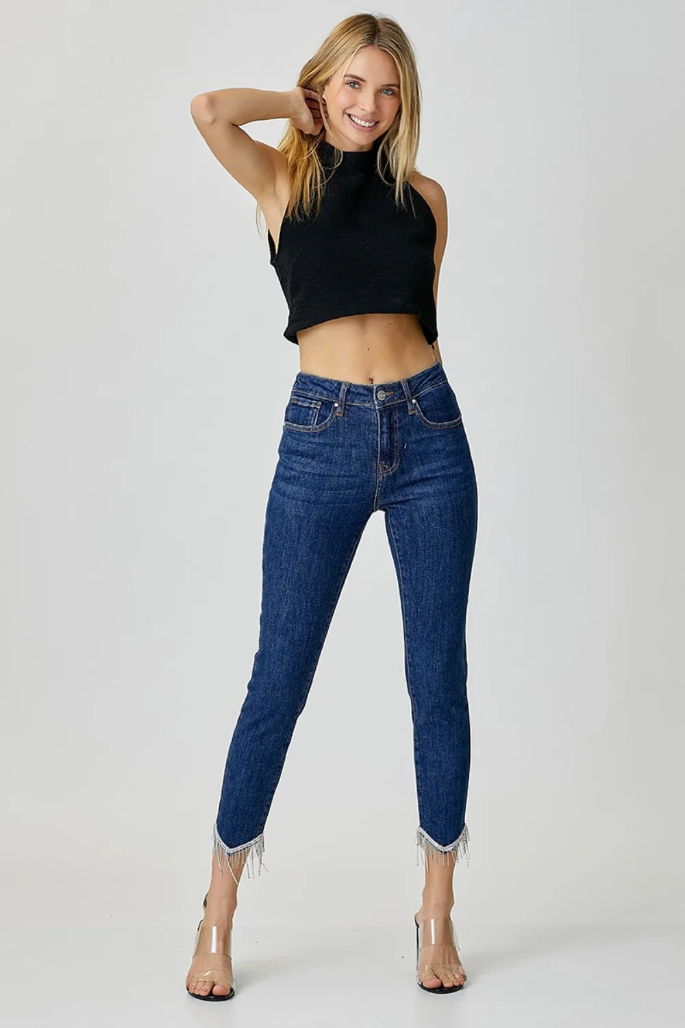 Full Size Embellished Mid Rise Crop Skinny Jeans