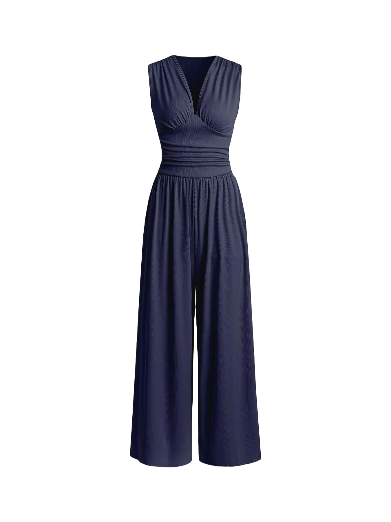 Women's Plain Ruched Deep V Neck Ribbed Fitted Jumpsuit, Elegant Sleeveless Wide Leg Jumpsuit for Summer