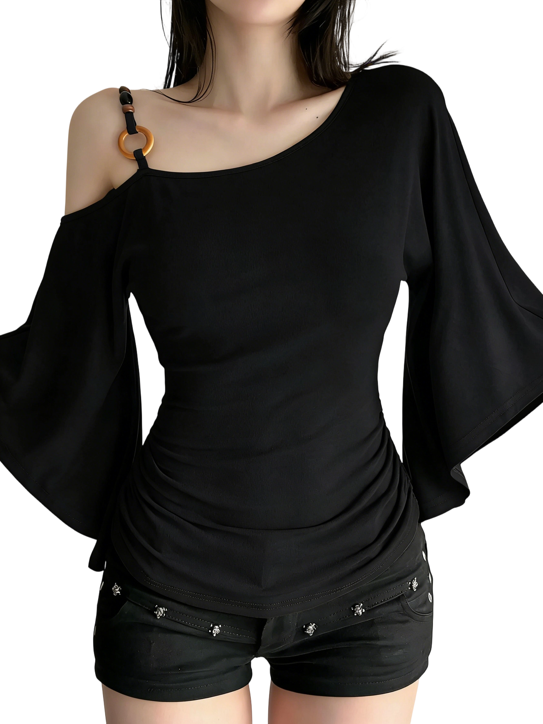 Women’s Retro Ethnic Beaded Asymmetrical Shoulder Flounce Sleeve Flared Top