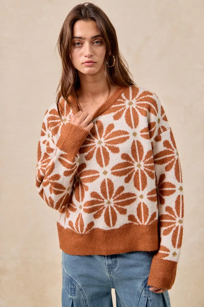 Flower Pattern Long Sleeve Sweater