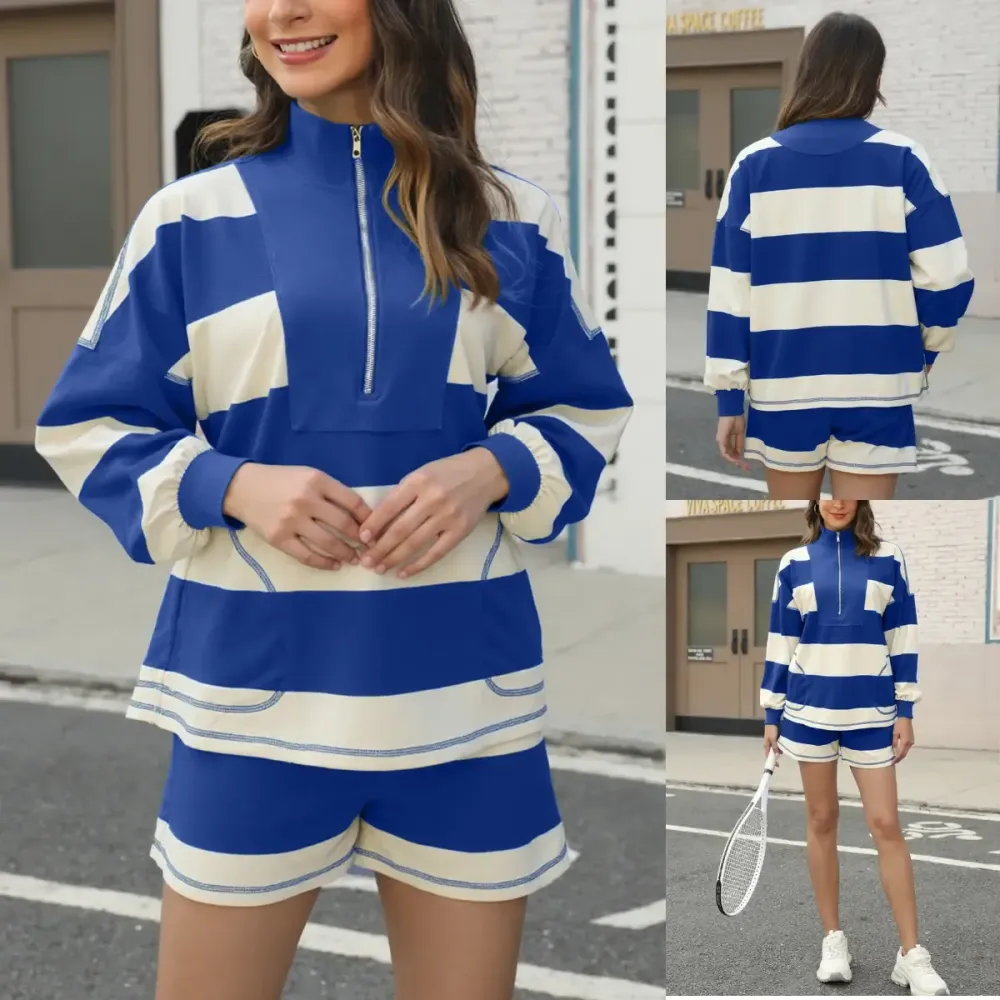 Women's Lounge Set 2 Piece Striped Long Sleeve Quarter Zip & Short Sleeve T Shirt