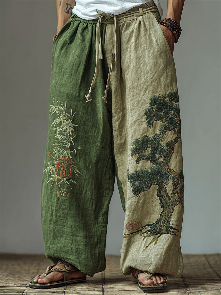 Men's Japanese Bamboo & Pine Tree Embroidered Contrast Wide Leg Linen Pants