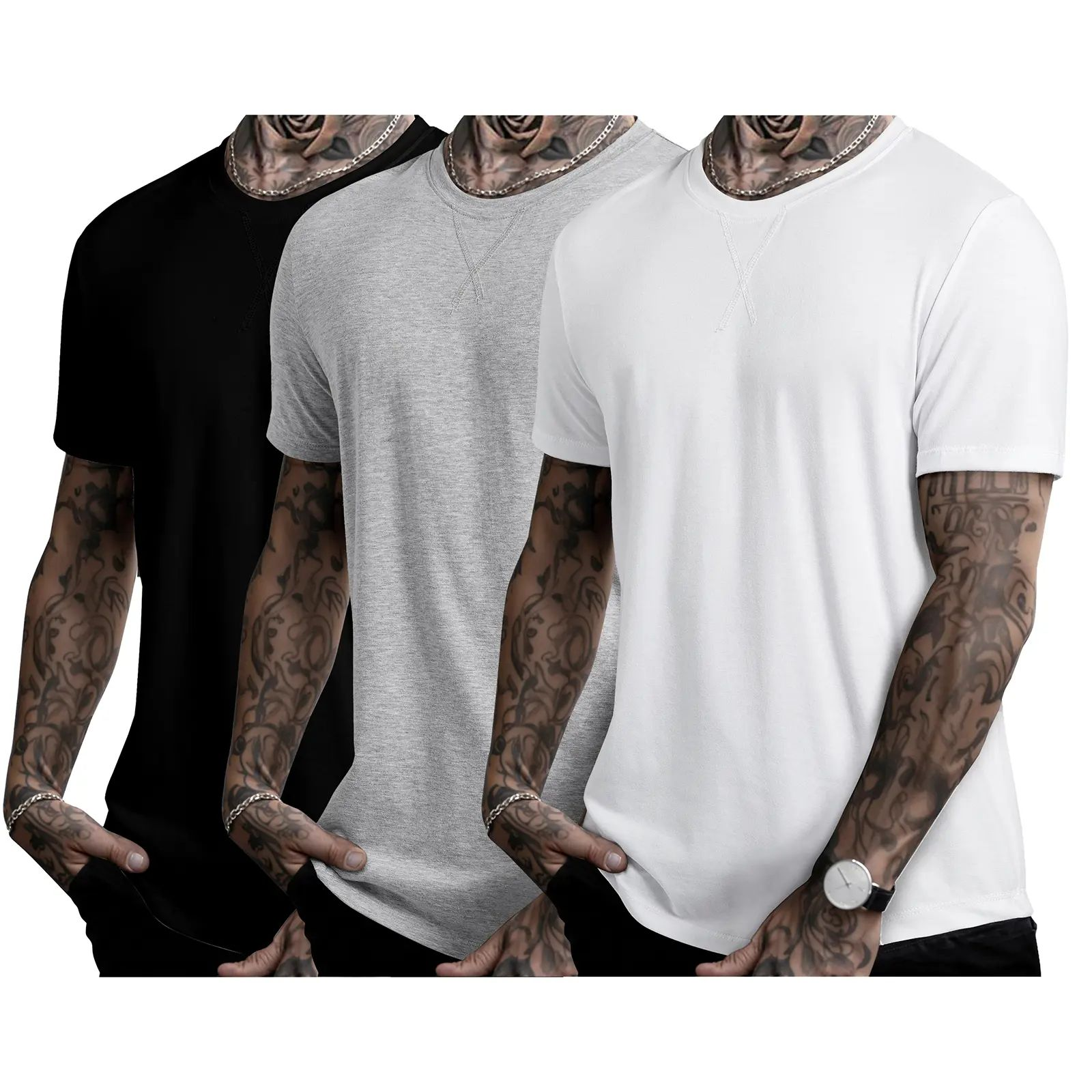 Mens 3 Pack Cotton Hipster Hip Hop Longline Crewneck T-Shirt,Menswear Casual Tshirt Tops