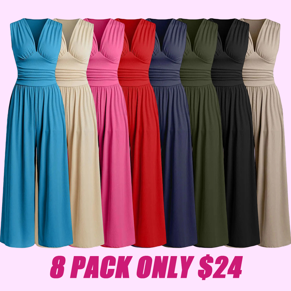Women's Plain Ruched Deep V Neck Ribbed Fitted Jumpsuit, Elegant Sleeveless Wide Leg Jumpsuit for Summer