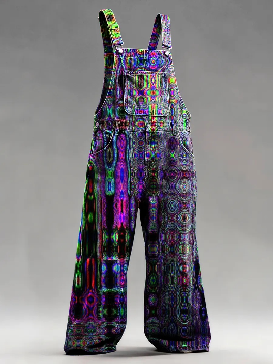 Men's Casual Retro Multicolor Art Prints Denim Overalls