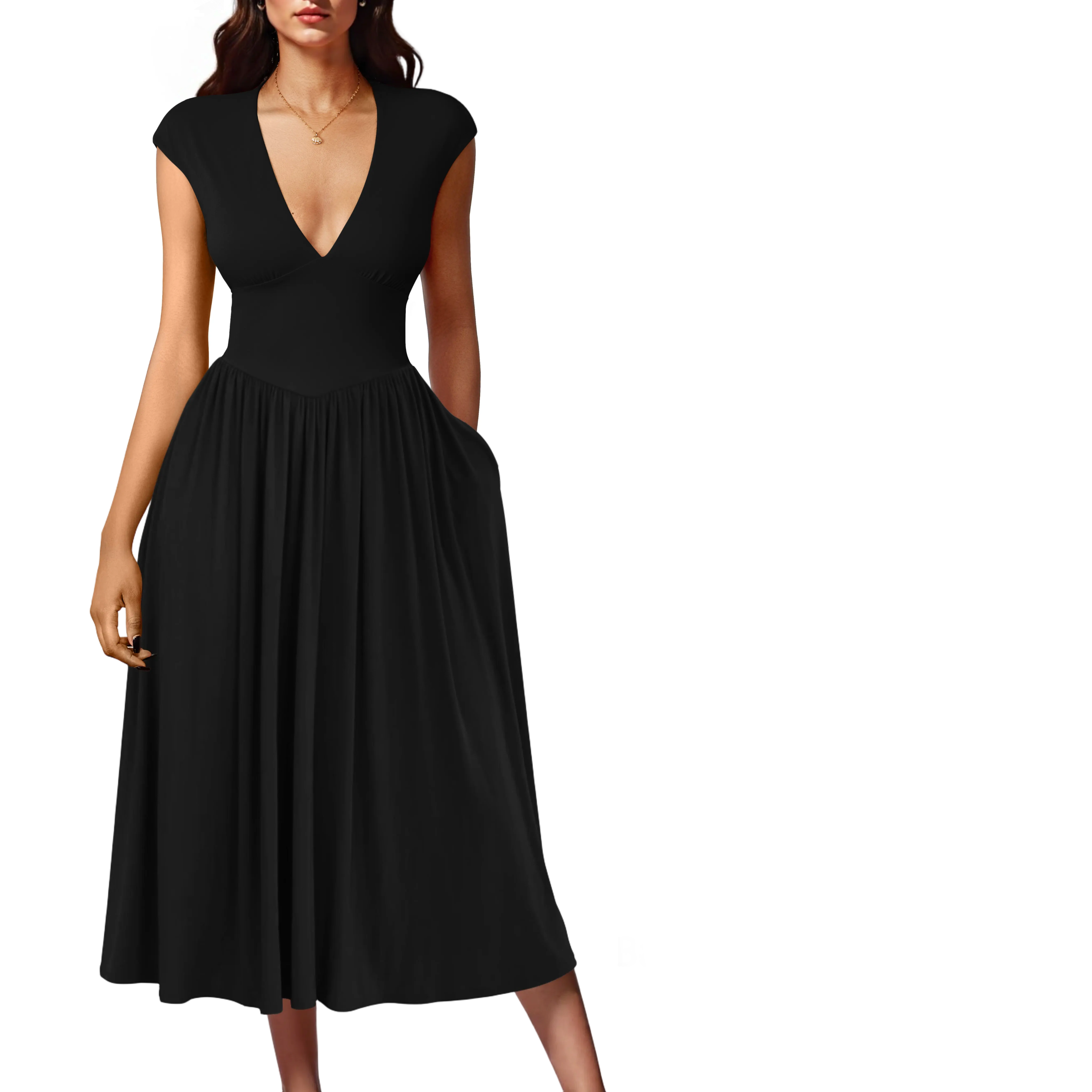 Women's Summer Deep V-Neck Cap Sleeve Pleated A‑Line Midi Dress with Pockets