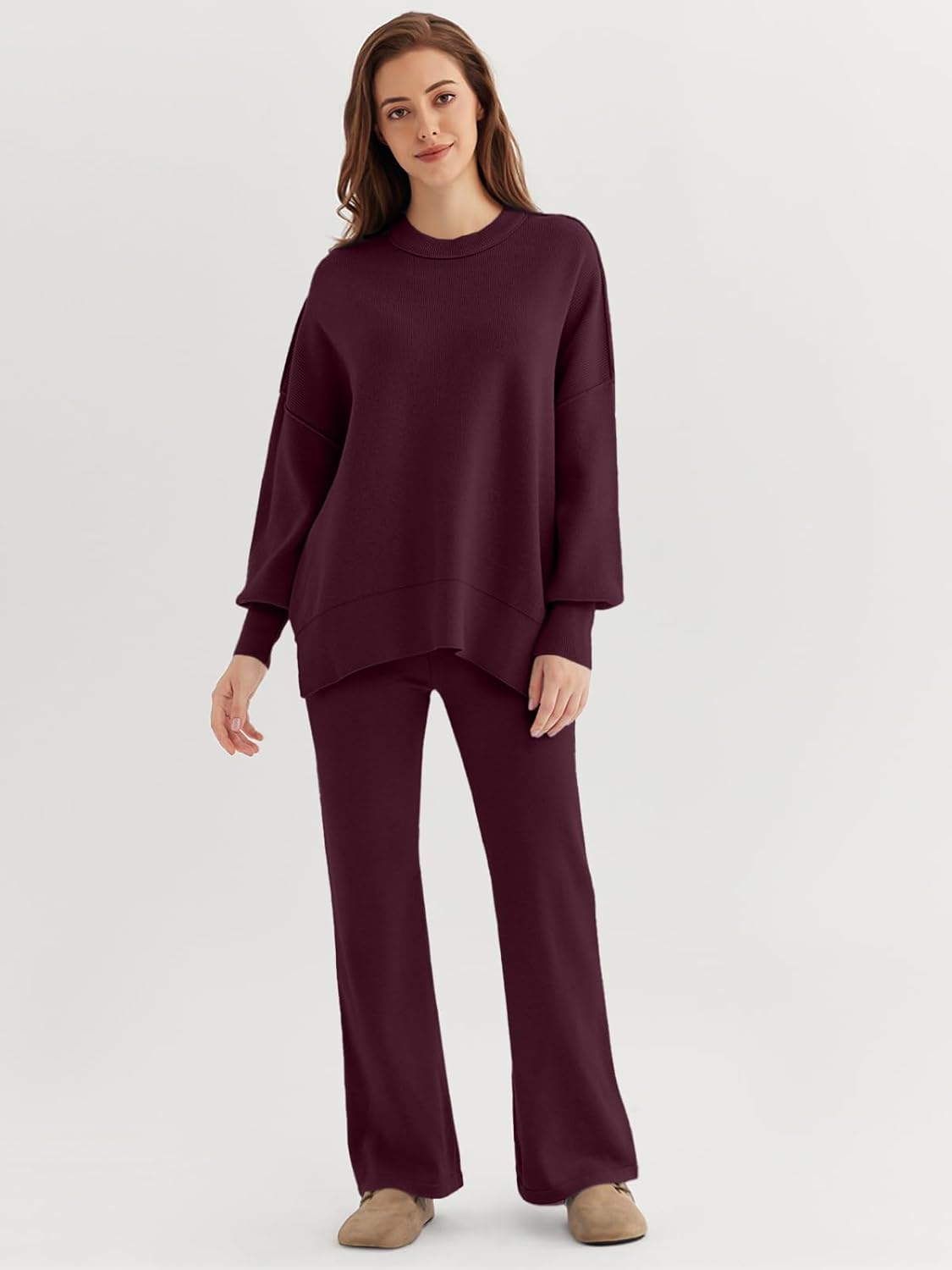 🎄Christmas Clearance 🔥Women 2 Piece Outfits Sweatsuit Sweater Sets Oversized Knit Pullover Tops Wide Leg Pants Lounge Set