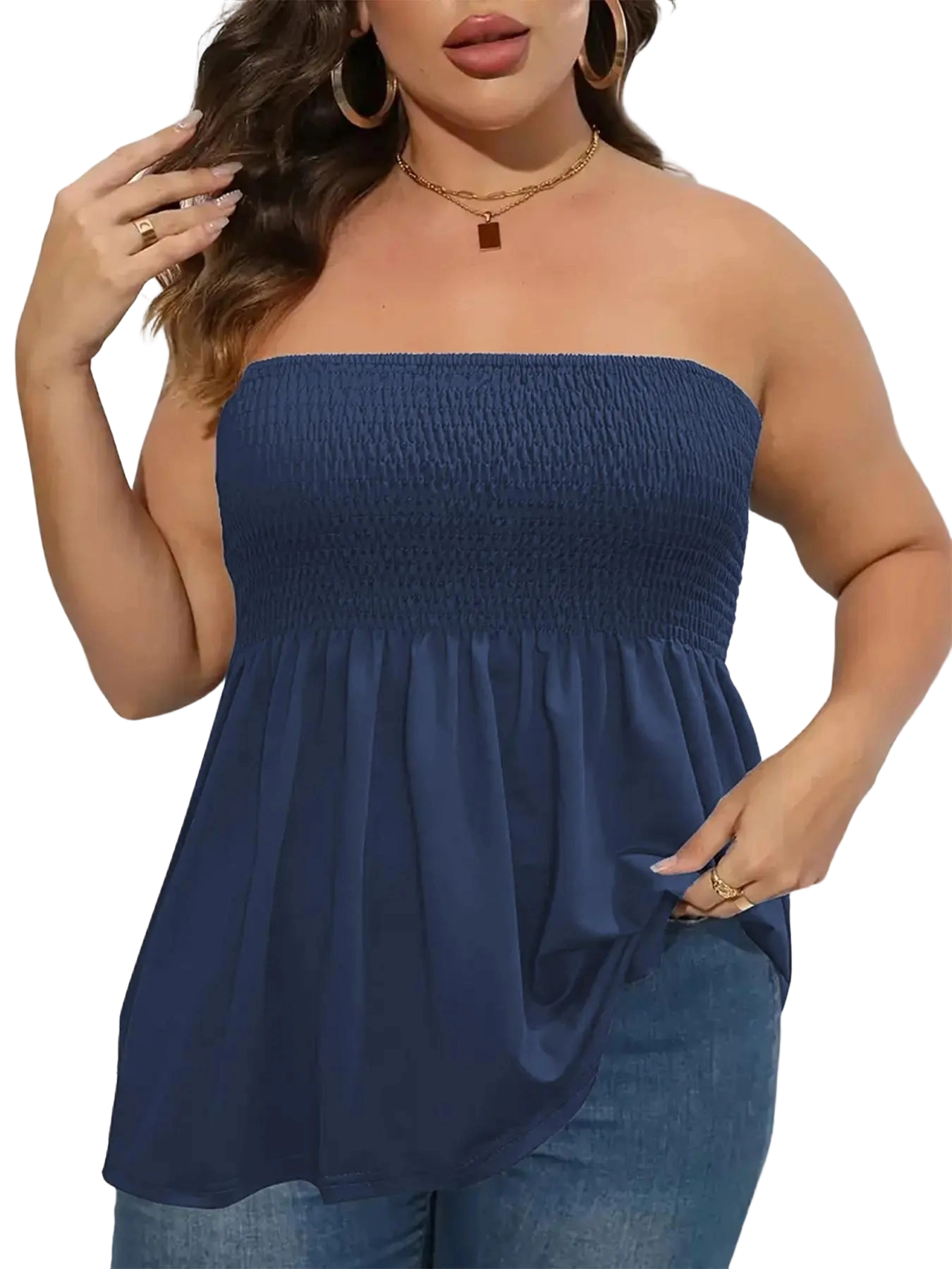 Women's n Strapless Top Plus Size Solid Ruffle Hem Shirred Tube Top