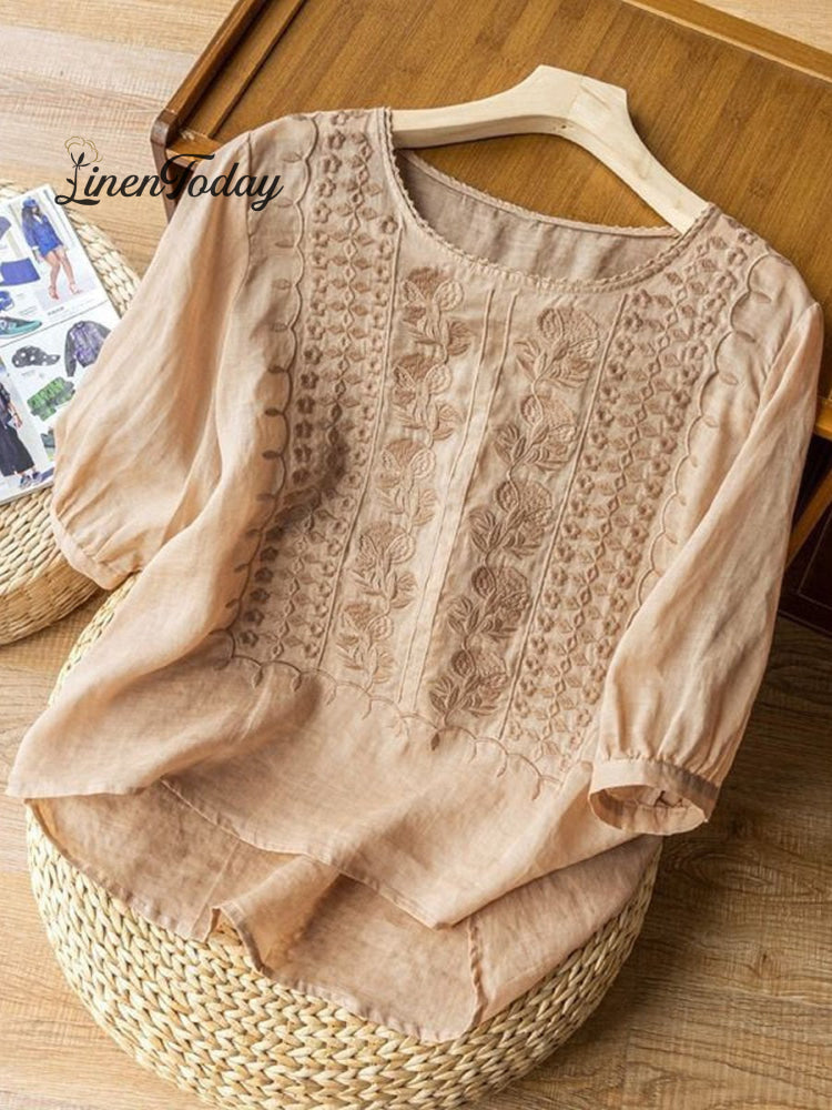 Women's Mid Sleeve Cotton And Linen Embroidery Blouse