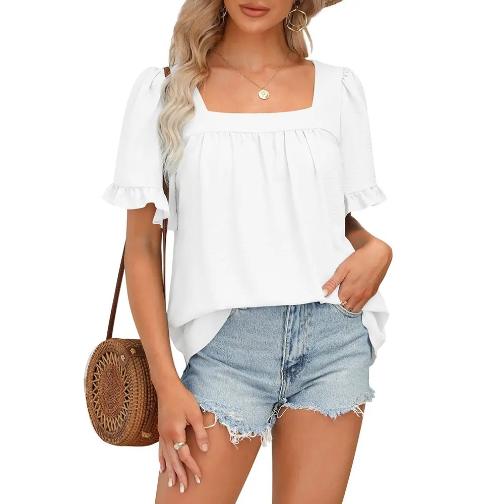 Women's Cottagecore Coquette Blouse - Square Neck Peplum Top with Ruffle Sleeves