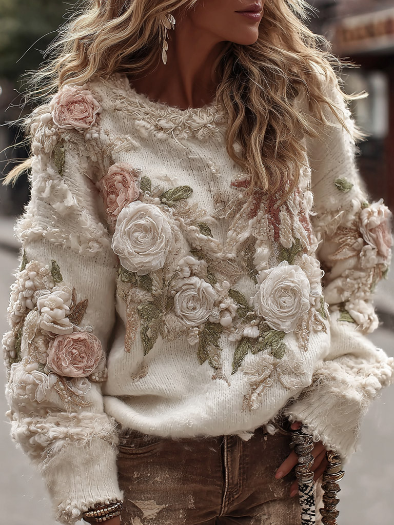 Women's Vintage Romantic White Rose Embroidery Art Long Sleeve Round-neck Sweater