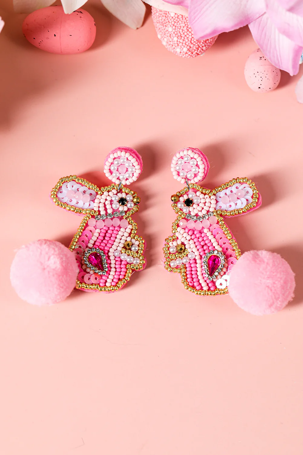 Pink Beaded Easter Bunny Fluff Stud Dangle Earrings