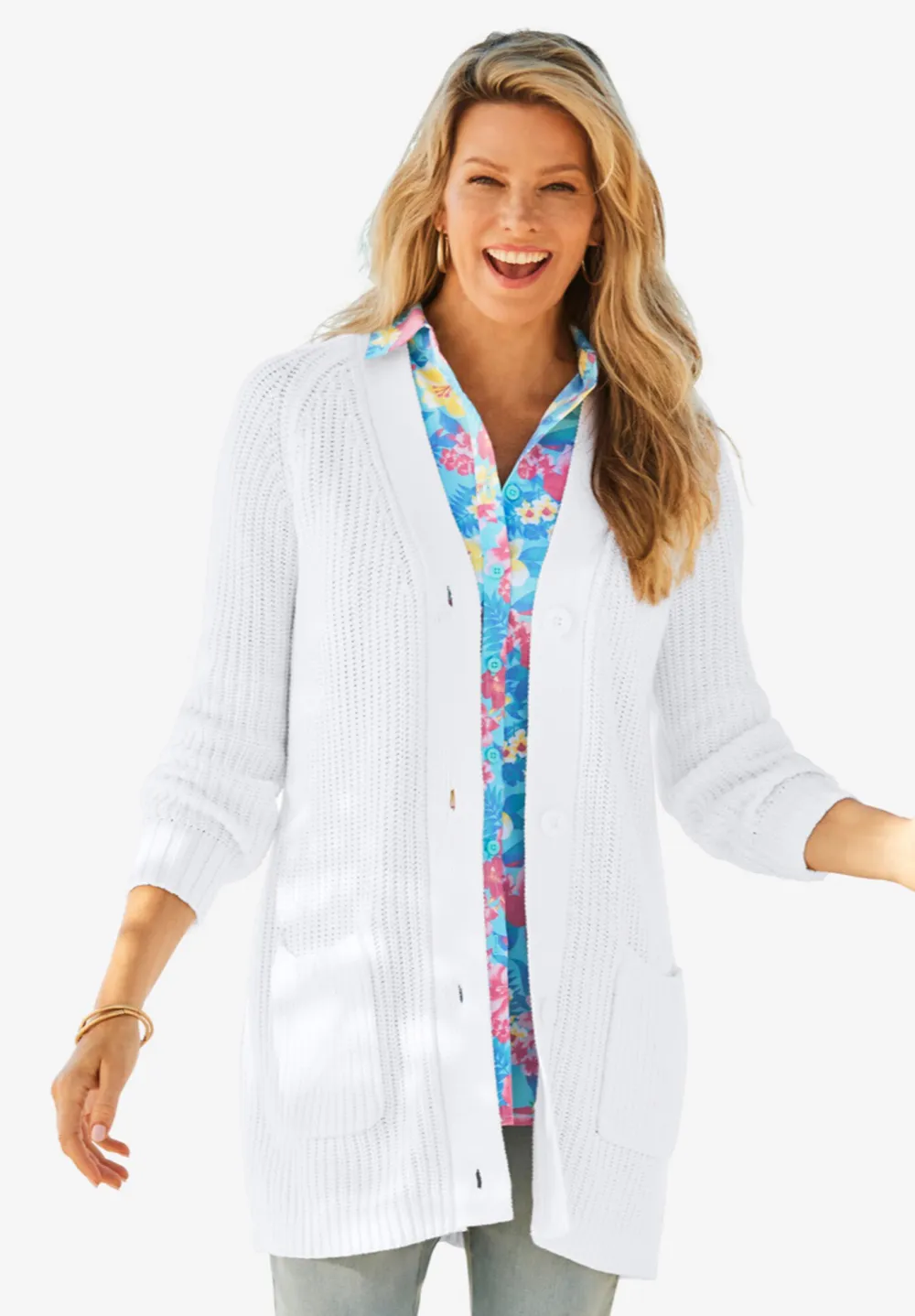 Button-Front Shaker Cardigan