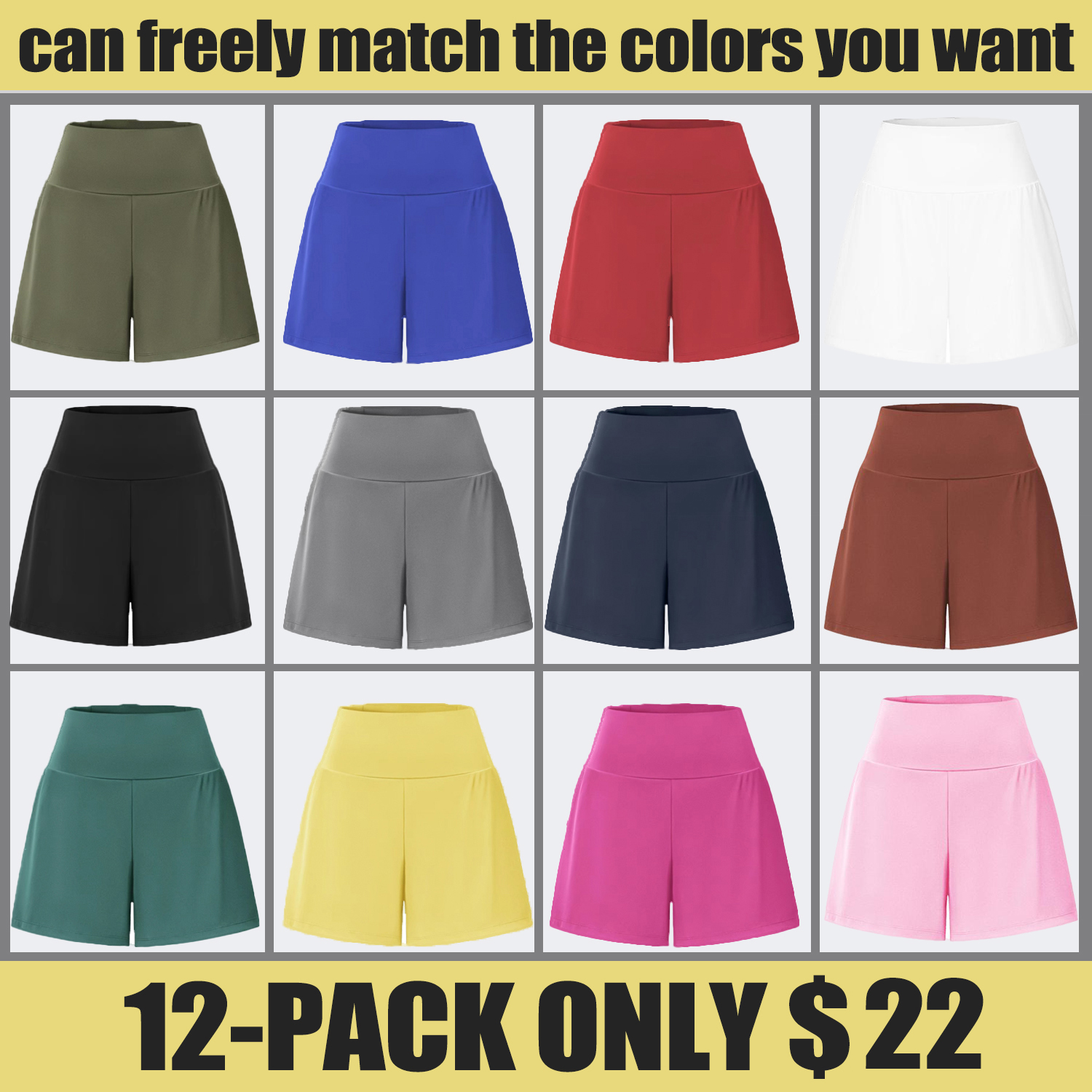Women‘s High-Waisted  Yoga Shorts with Back & Side Pockets (can freely match 12-pack colors)