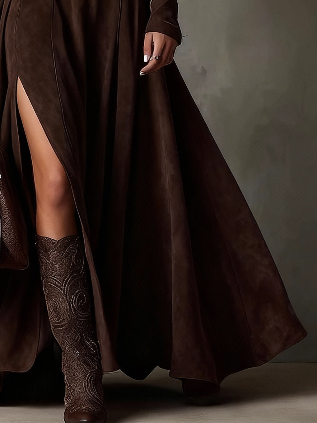Dark Brown Faux Suede Turtleneck Long Sleeve Slit Maxi Dress(Including belt)