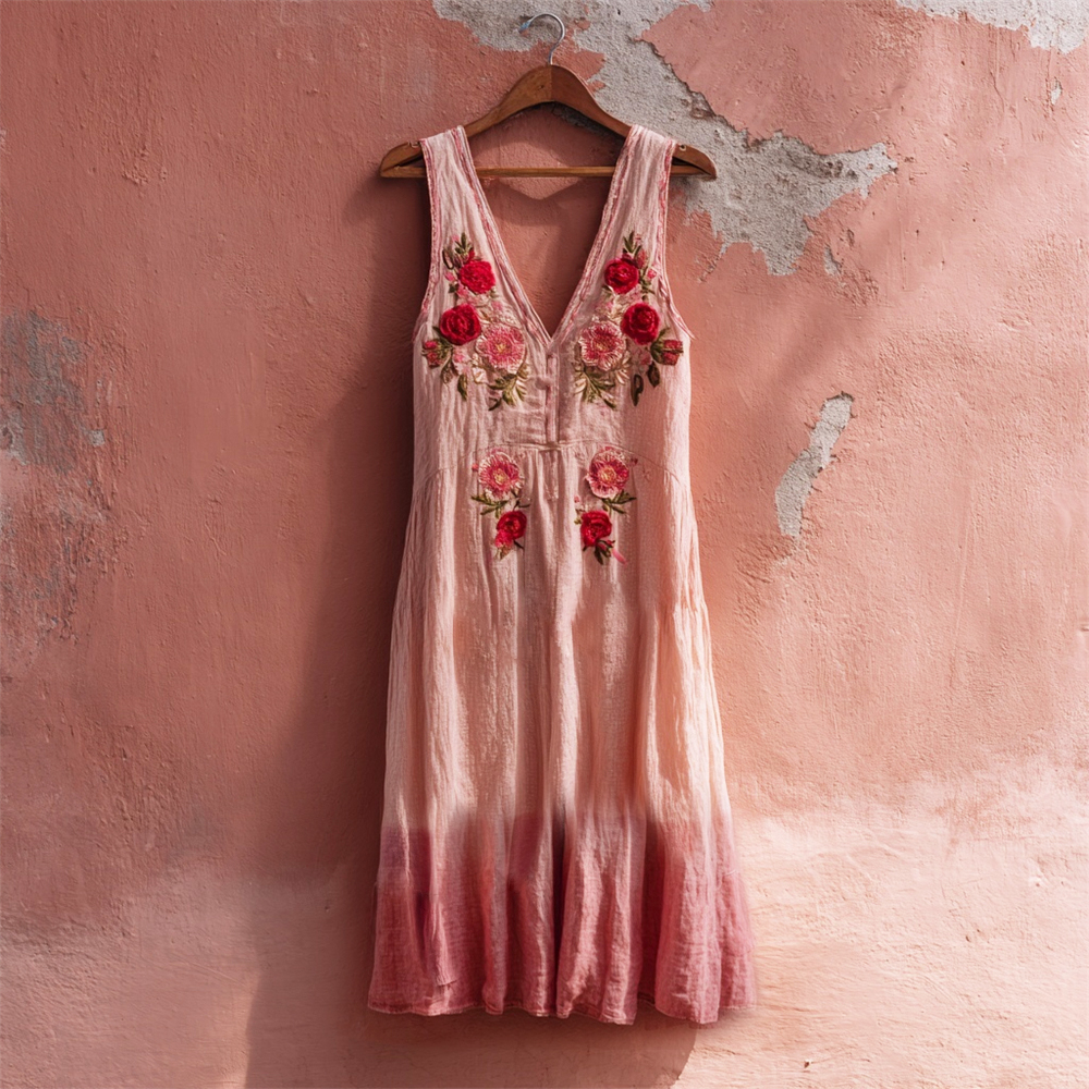 Boho Floral Embroidered Women's Linen Vest Midi Dress