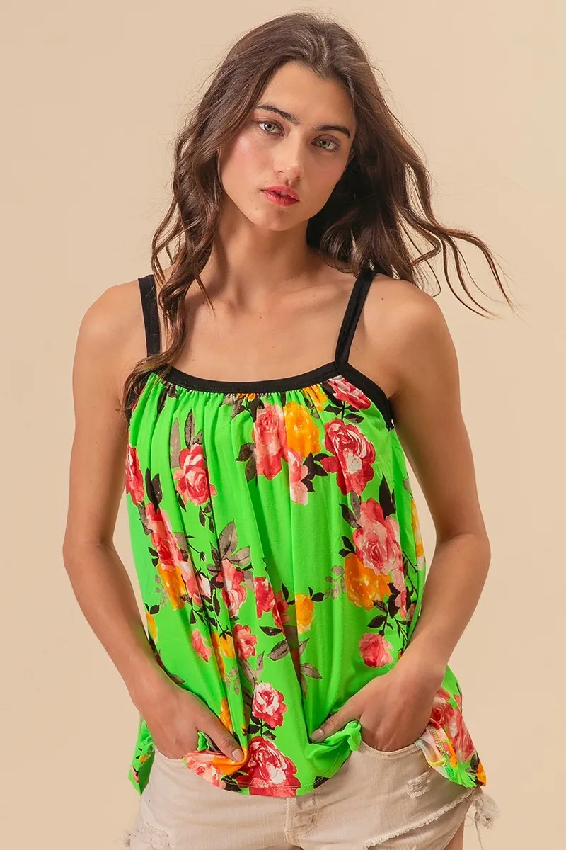 Floral Print Jersey Knit Gathering Cami Top