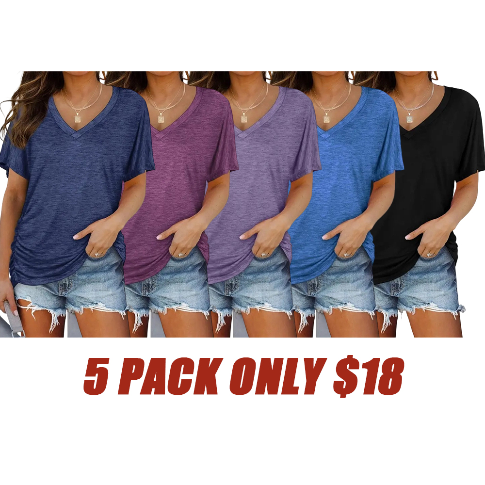 Women's Short Sleeve V Neck Dolman Tops with Side Shirring Loose Fit Shirts Spring Statements