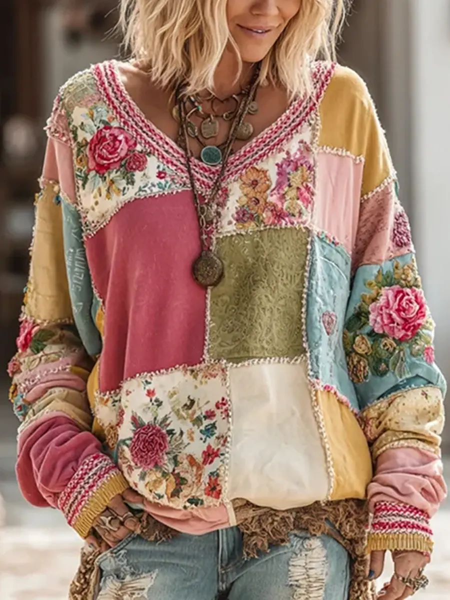 Women's Retro Floral Pattern Art Print Casual Cotton T-Shirt