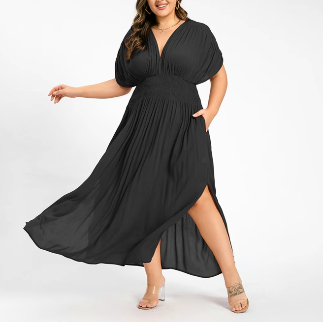 Plus Size Summer V-Neck Batwing Sleeve Maxi Dress with Ruched Waist