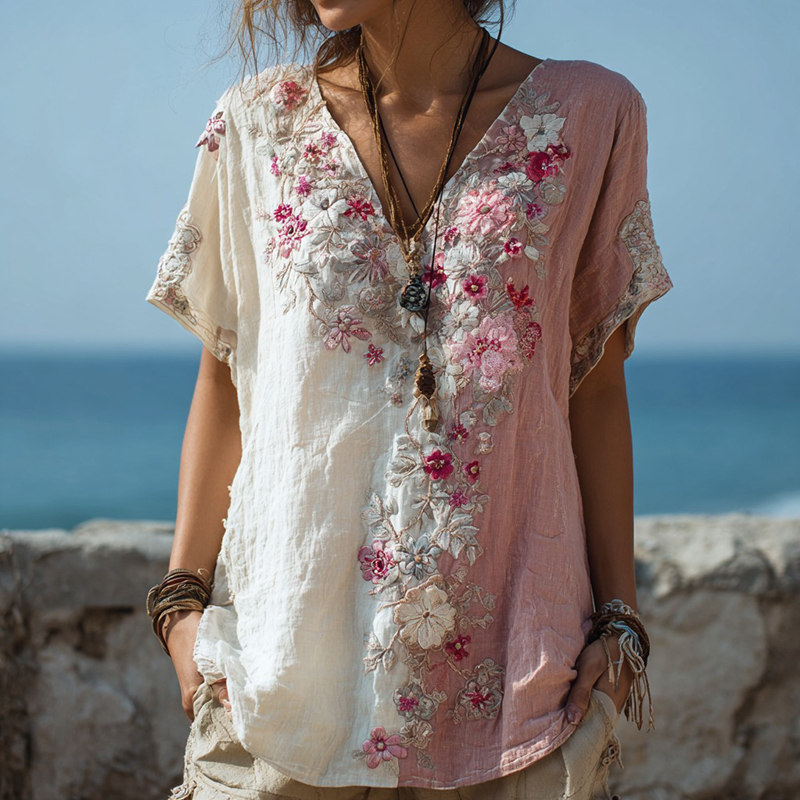 Women's Retro Floral Stitching Contrast Color Casual V-neck T-shirt