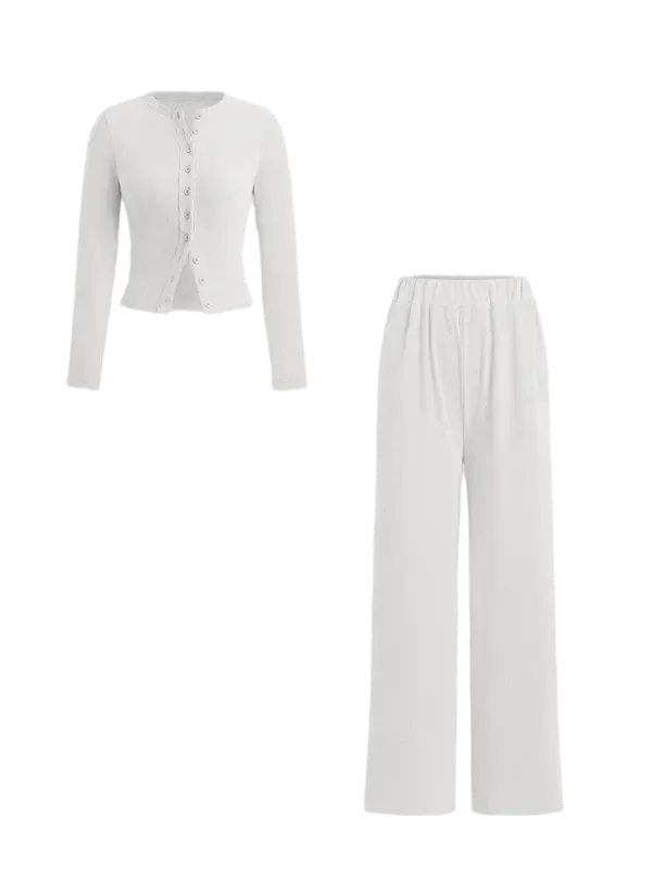 Two-piece Set Women's Solid Button Front Ribbed Crop Top & Elastic Waist Pants