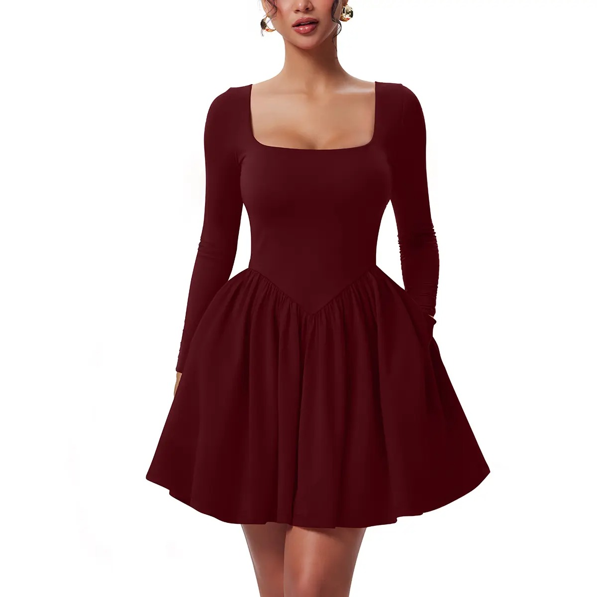 Women’s Long Sleeve Ruffle Hem Mini Dress with Pockets