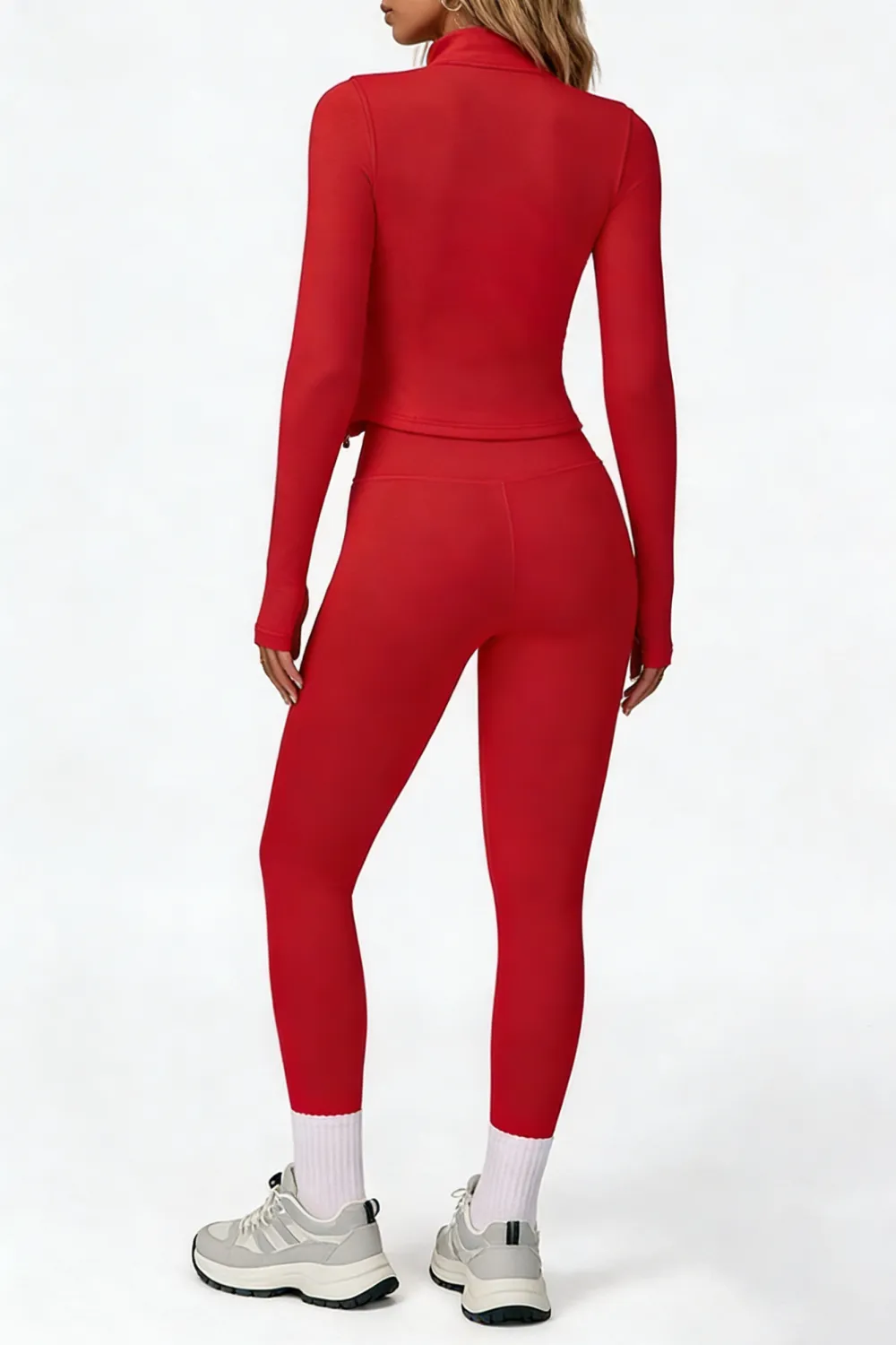 Women's tank top, high-waisted leggings, and zip-up jacket 3-piece sportswear set.