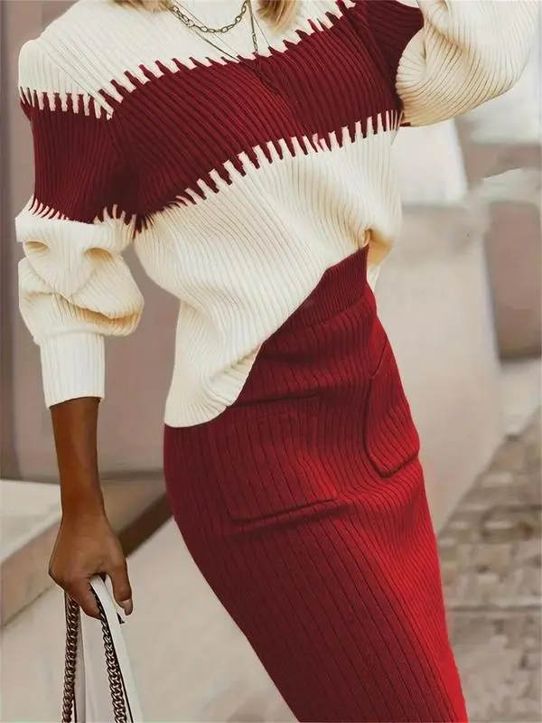 Women's Colorblock Bishop Sleeve Mock Neck Sweater & High Waist Skirt Set