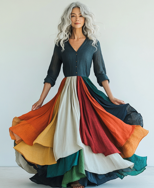 Spring loose color block swing dress a62d