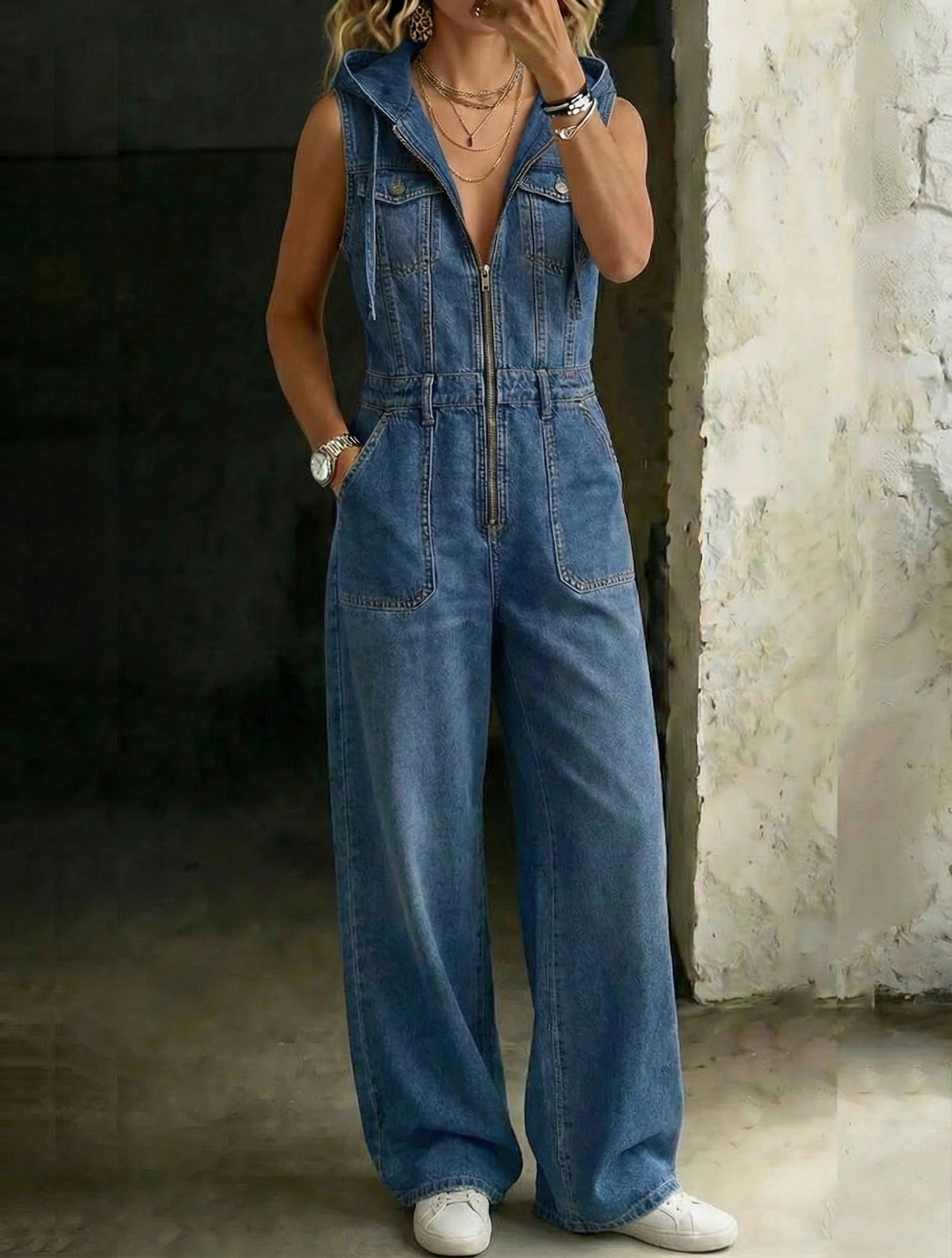 Women‘s Fashion Casual Hooded Sleeveless Zipper Stitching Denim Jumpsuit