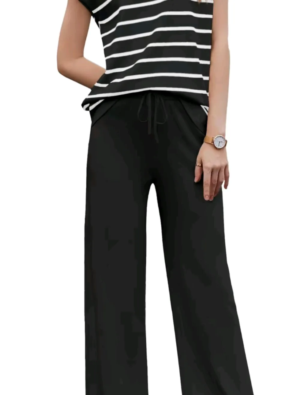Women's Striped Knit Lounge Set – 2-Piece Pajama-Inspired Travel Outfit with Sweater Top & Relaxed Pants