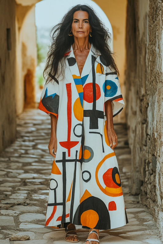 Vintage Loose Linen Patchwork Rainbow Contrast Dress 690f