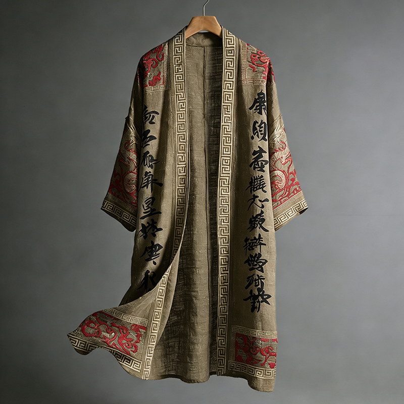 Men's Japanese Dragon Pattern Calligraphy And Painting Art Linen Long Kimono