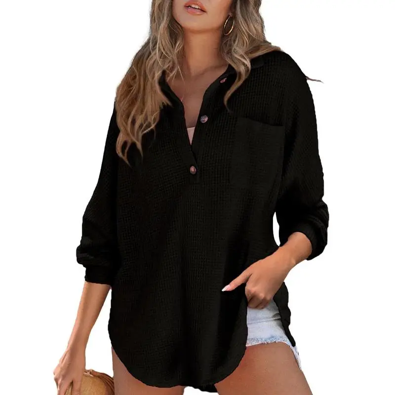 Women's Oversized Henley Waffle Shirts Tops