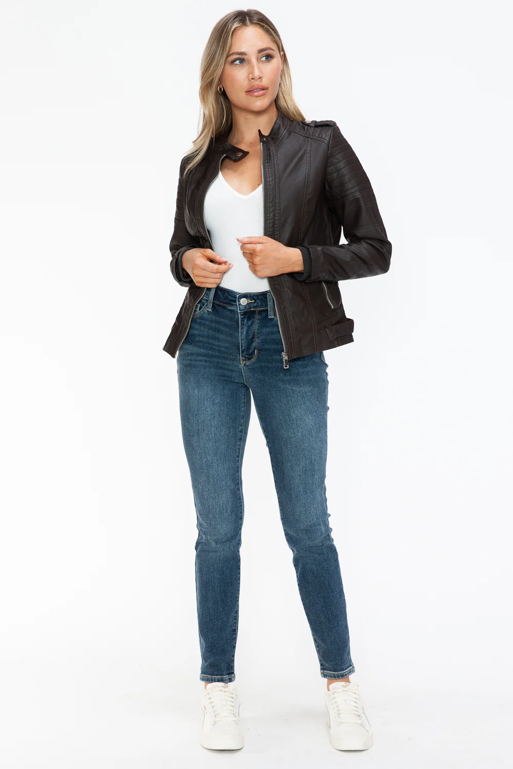 PU Leather Biker Jacket with Side Zip Pockets