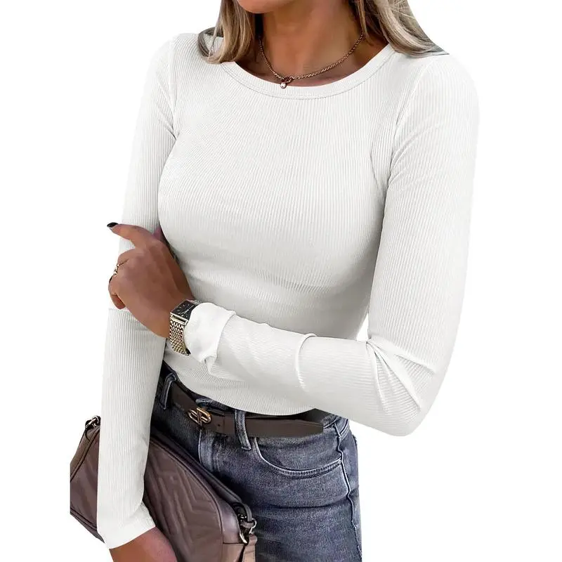 Women Long Sleeve Crewneck Rib Knit Slim Fit Shirts