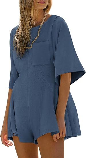 Women Spring Outfits Summer Casual Short Sleeve Crew Neck Loose Jumpsuits with Pocket