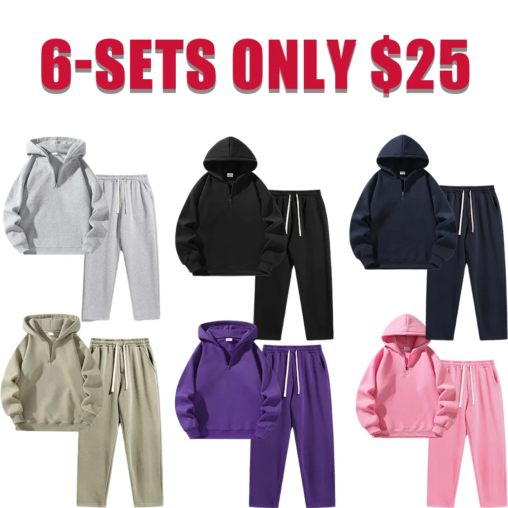 Men's Plain Two-piece Sweatsuit Set, Basic Regular Fit Casual Drop Shoulder Half Zip Hoodie & Pocket Drawstring Sweatpants