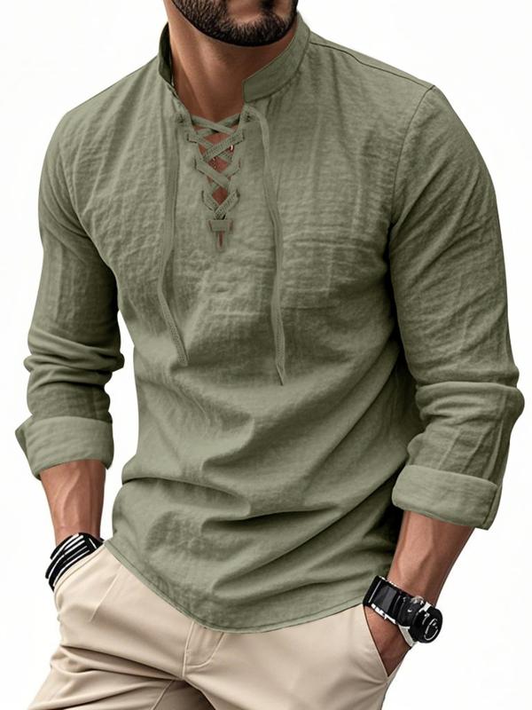 Men’s Lightweight Linen Long Sleeve Shirt with Drawstring Stand Collar
