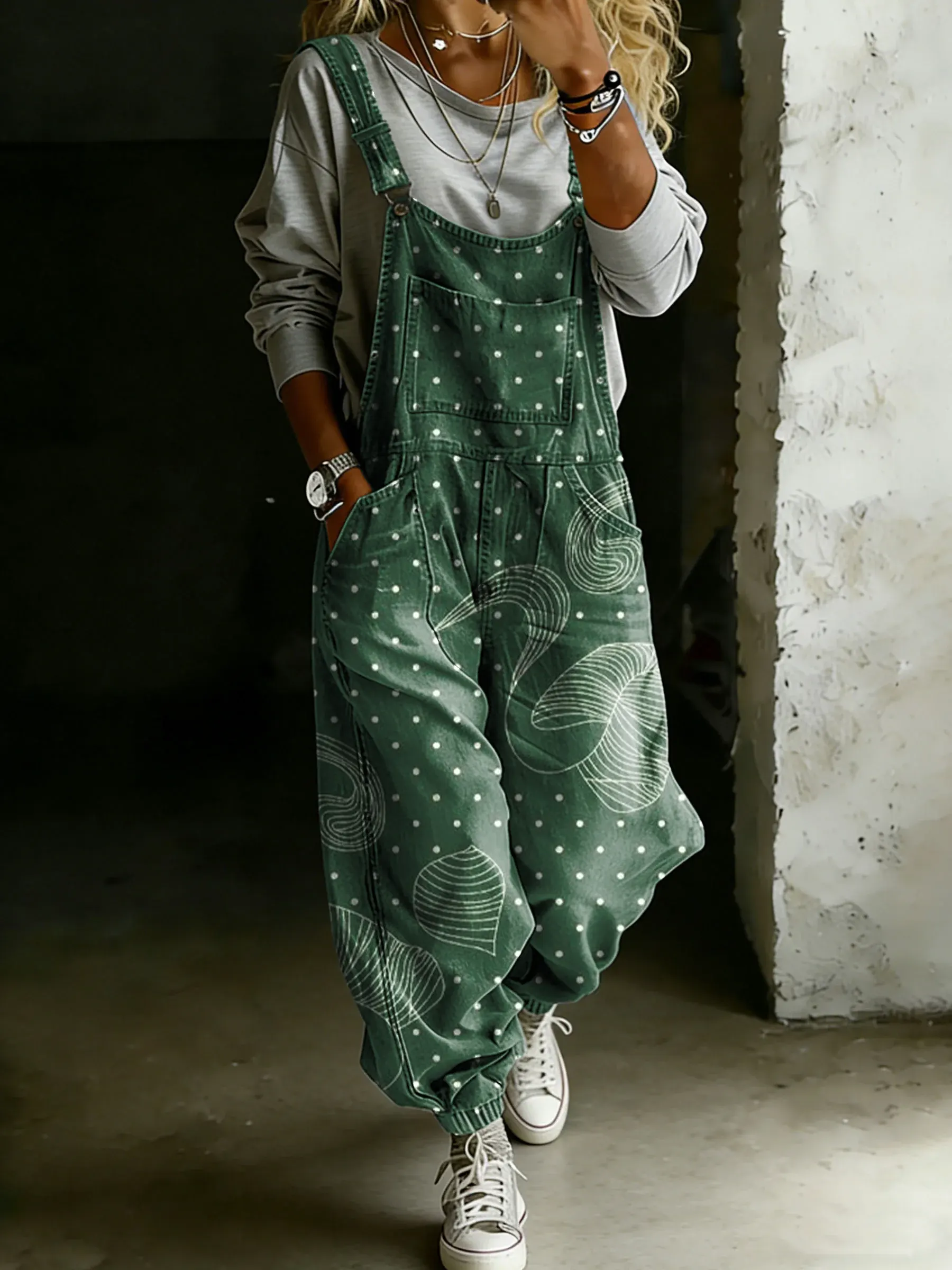 Women’s Vintage Art Print Casual One Piece Denim Jumpsuit