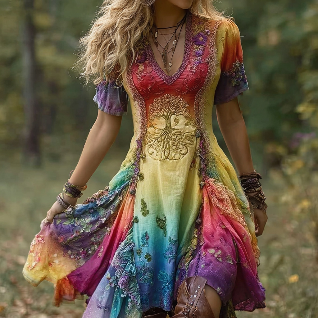 Women's Vintage Viking Tree Of Life Gradient Midi Dress