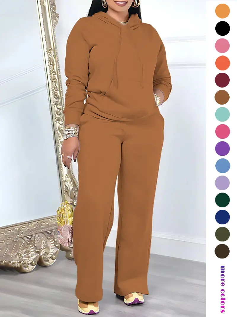 🔥Two-Piece Set Women's Solid Drawstring Hoodie & High Waist Pants Set, Casual Long Sleeve Pocket Hooded Sweatshirt & Straight Leg Trousers for Spring & Fall, Ladies' Clothes for Daily Wear