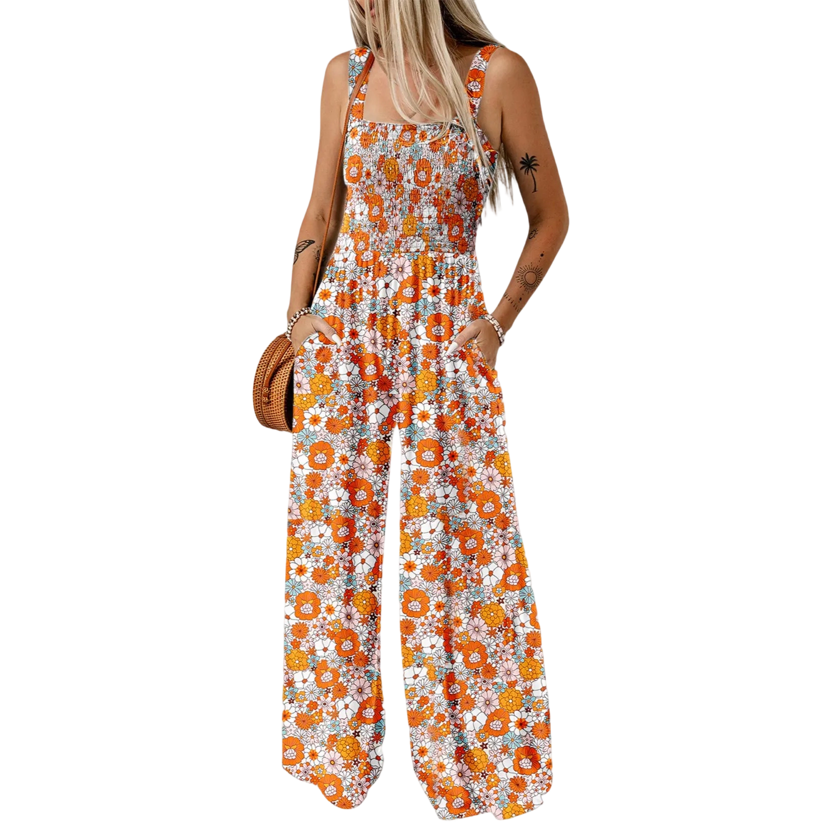 Women's Casual Loose Overalls Jumpsuits One Piece Sleeveless Printed Wide Leg Long Pant Rompers