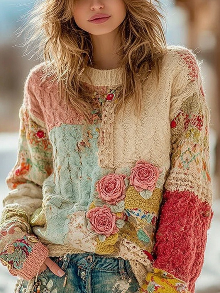 Women's Vintage Chunky Needle Rose Floral Stitching Warm Crew Neck Sweater