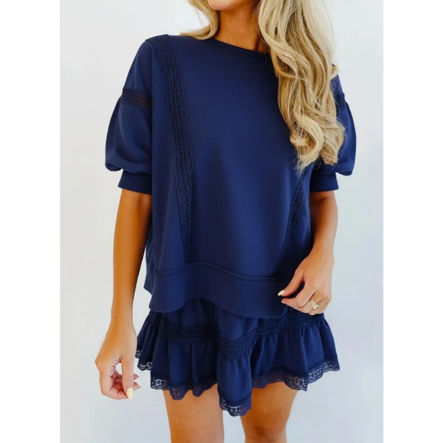 Fisoew Women's 2 Piece Cotton Lace Trim Outfit Set Short Sleeve Puff Sleeve Top & Ruffled Shorts Soft Casual Outfit