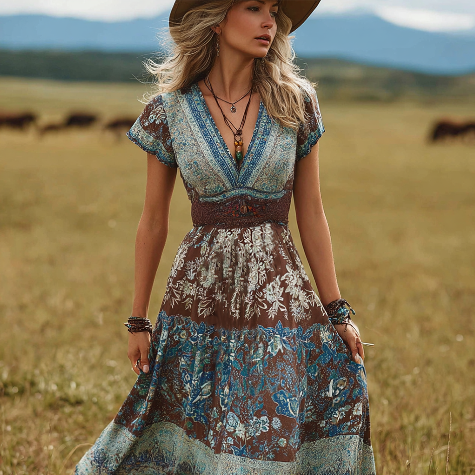 Bohemian Style Retro Floral Pattern Women's V-neck Dress