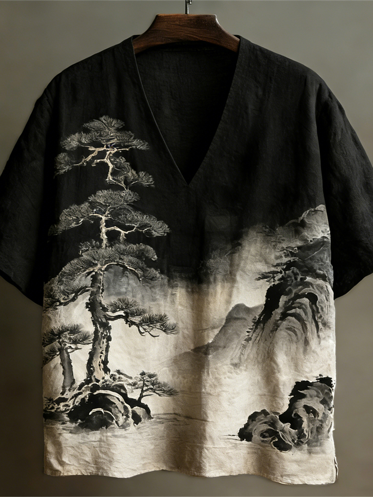 Japanese Ink Landscape Art Linen V-neck Shirt